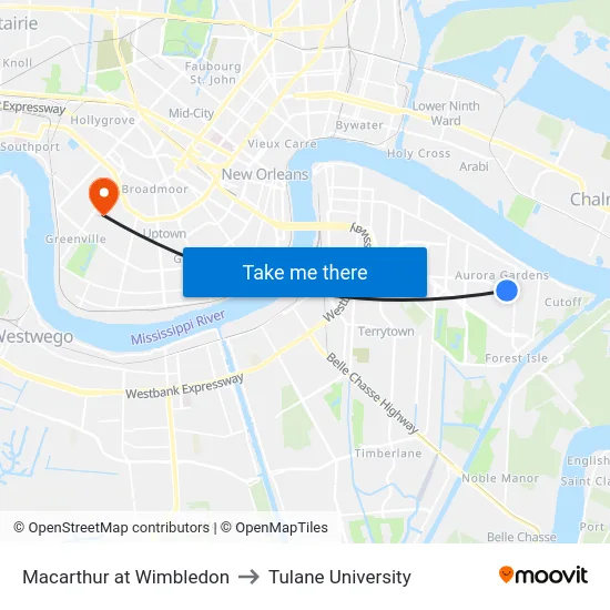 Macarthur at Wimbledon to Tulane University map