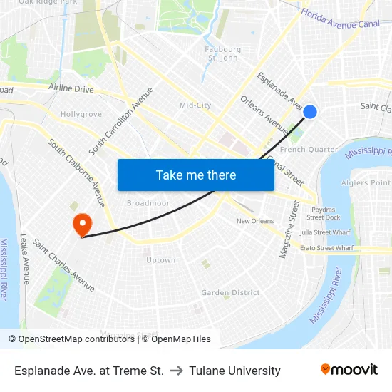 Esplanade Ave. at Treme St. to Tulane University map
