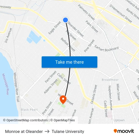 Monroe at Oleander to Tulane University map