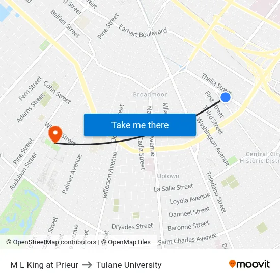 M L King at Prieur to Tulane University map