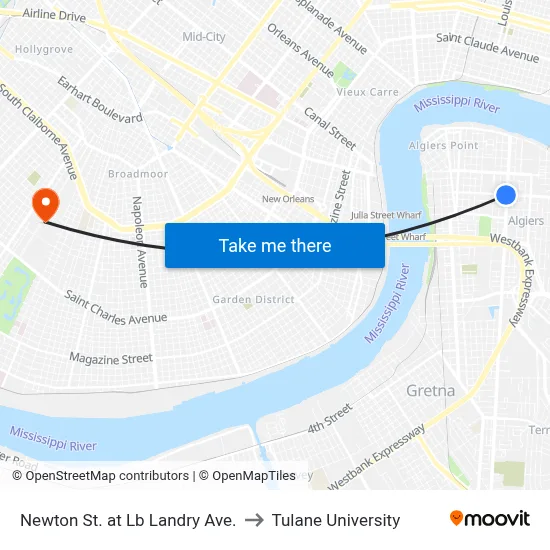 Newton St. at Lb Landry Ave. to Tulane University map