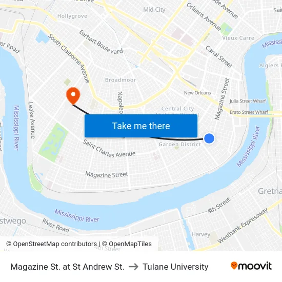 Magazine St. at St Andrew St. to Tulane University map