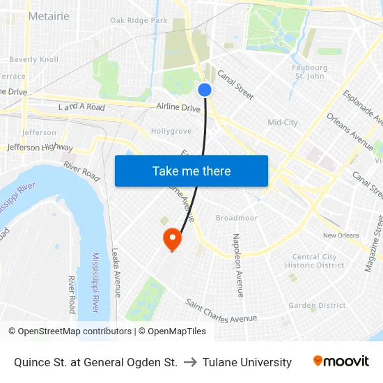 Quince St. at General Ogden St. to Tulane University map