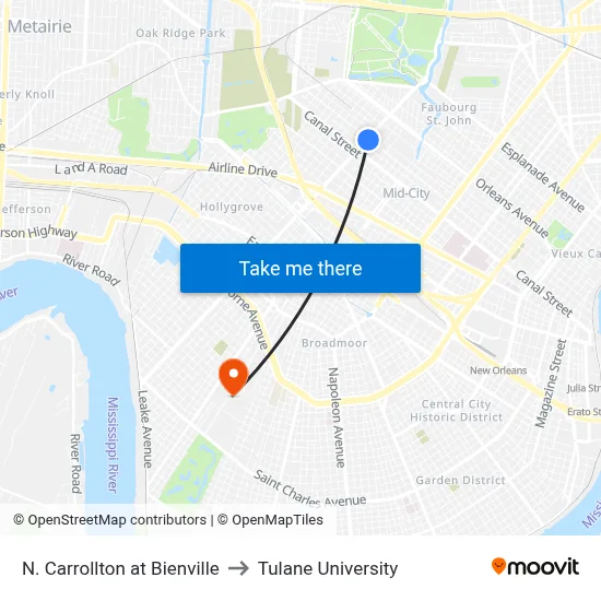 N. Carrollton at Bienville to Tulane University map