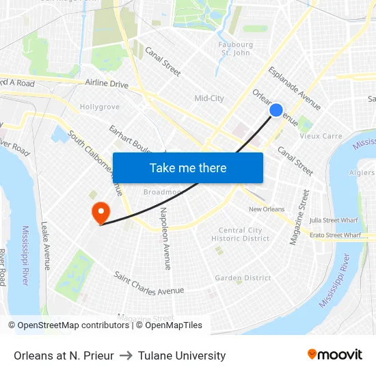 Orleans at N. Prieur to Tulane University map