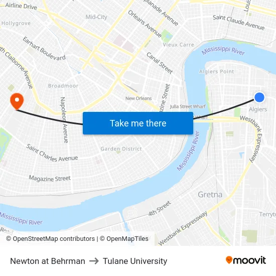 Newton at Behrman to Tulane University map