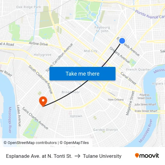 Esplanade Ave. at N. Tonti St. to Tulane University map