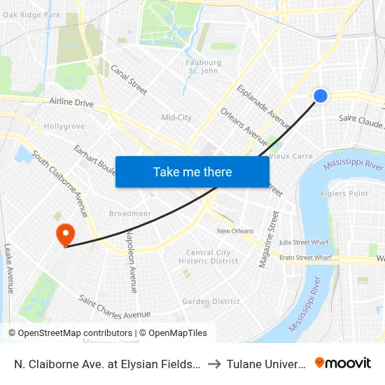 N. Claiborne Ave. at Elysian Fields Ave. to Tulane University map
