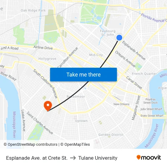 Esplanade Ave. at Crete St. to Tulane University map