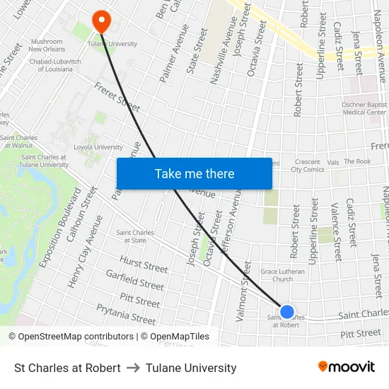 St Charles at Robert to Tulane University map