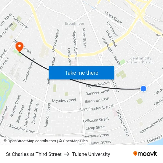 St Charles at Third Street to Tulane University map