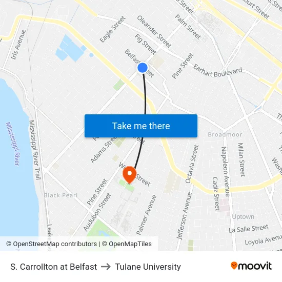 S. Carrollton at Belfast to Tulane University map