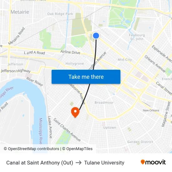 Canal at Saint Anthony (Out) to Tulane University map