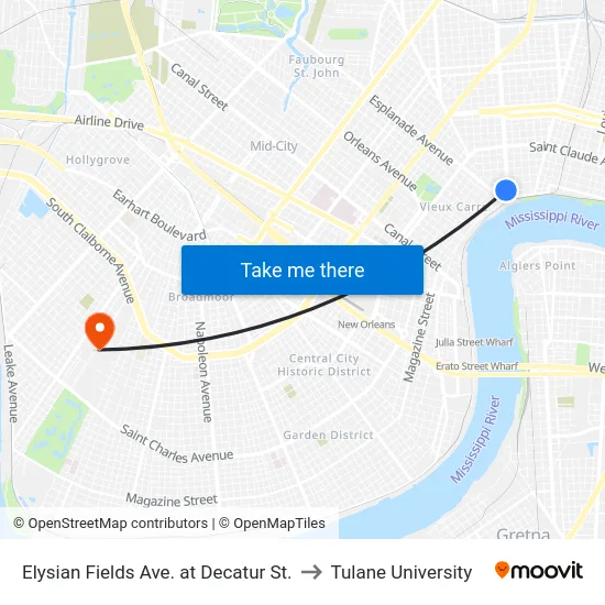 Elysian Fields Ave. at Decatur St. to Tulane University map