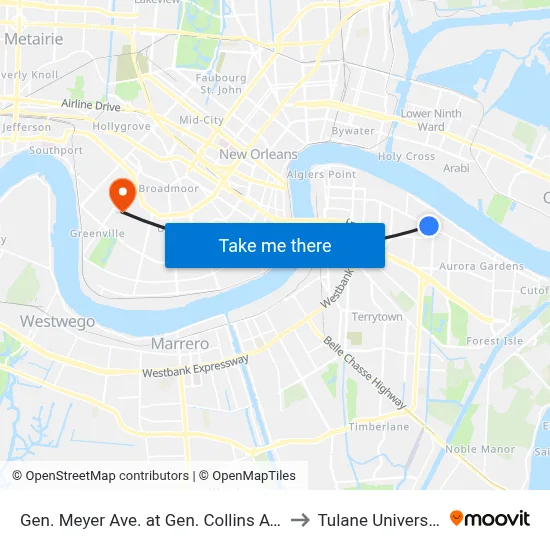 Gen. Meyer Ave. at Gen. Collins Ave. to Tulane University map