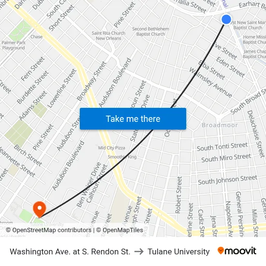 Washington Ave. at S. Rendon St. to Tulane University map