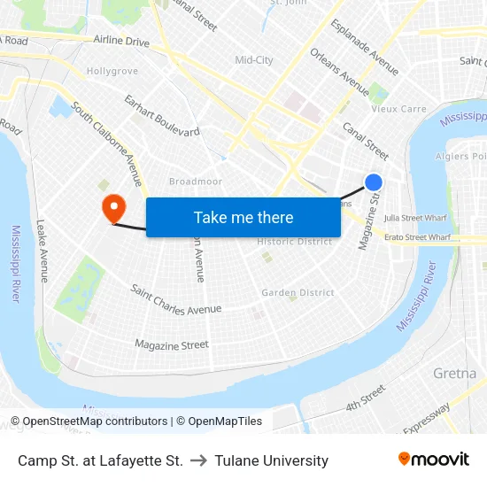Camp St. at Lafayette St. to Tulane University map