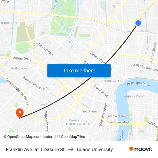 Franklin Ave. at Treasure St. to Tulane University map