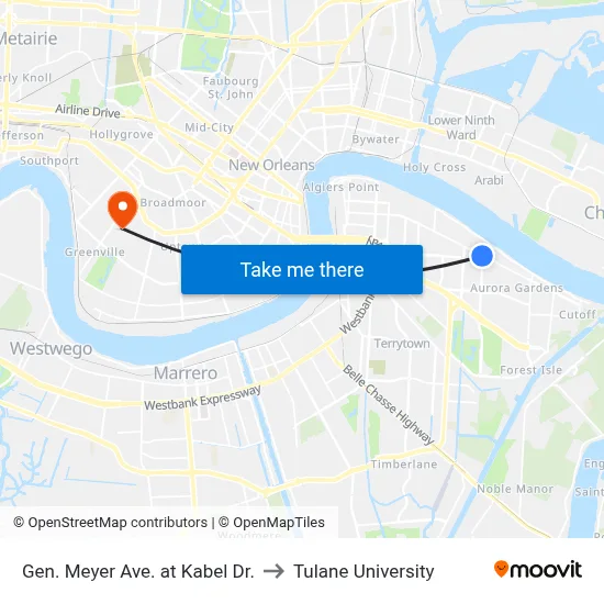 Gen. Meyer Ave. at Kabel Dr. to Tulane University map