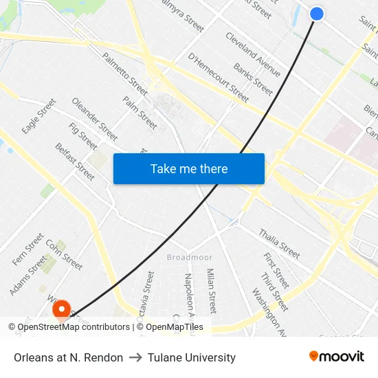 Orleans at N. Rendon to Tulane University map