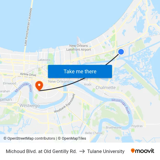 Michoud Blvd. at Old Gentilly Rd. to Tulane University map