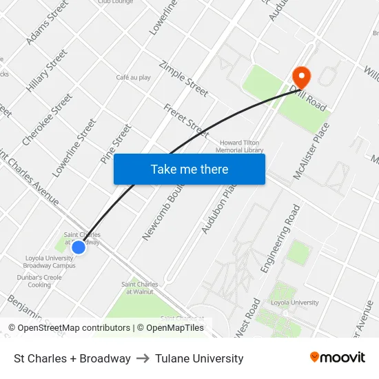 St Charles + Broadway to Tulane University map