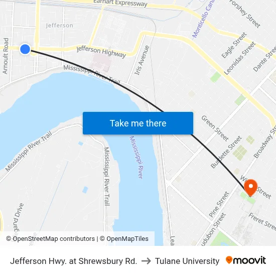Jefferson Hwy. at Shrewsbury Rd. to Tulane University map