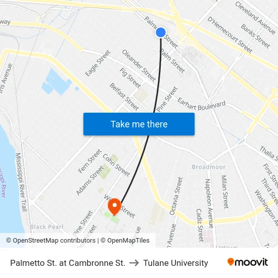 Palmetto St. at Cambronne St. to Tulane University map