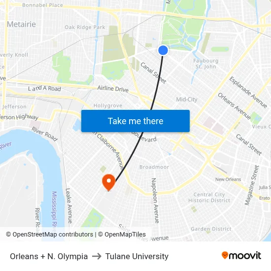 Orleans + N. Olympia to Tulane University map