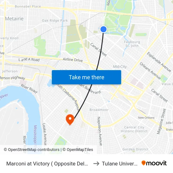 Marconi at Victory ( Opposite Delgado) to Tulane University map