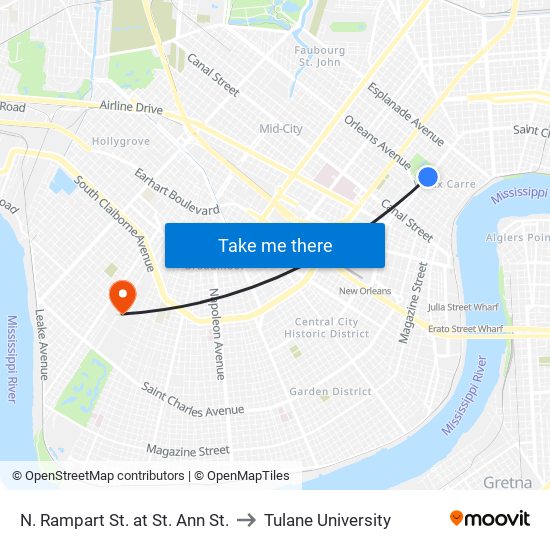 N. Rampart St. at St. Ann St. to Tulane University map
