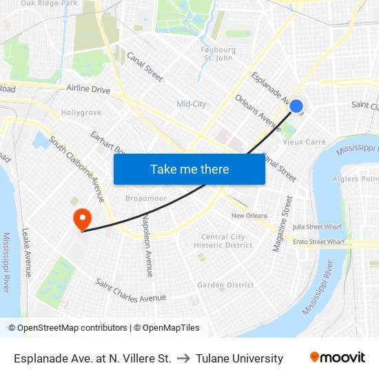 Esplanade Ave. at N. Villere St. to Tulane University map