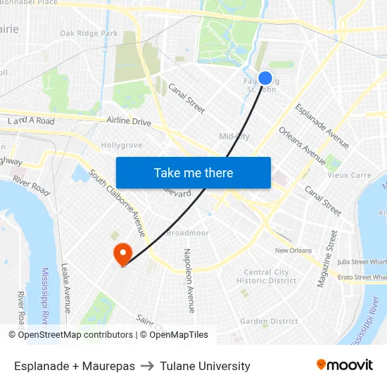 Esplanade + Maurepas to Tulane University map
