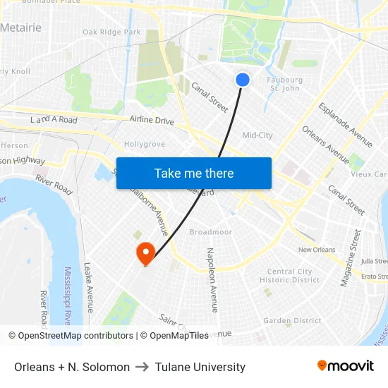Orleans + N. Solomon to Tulane University map