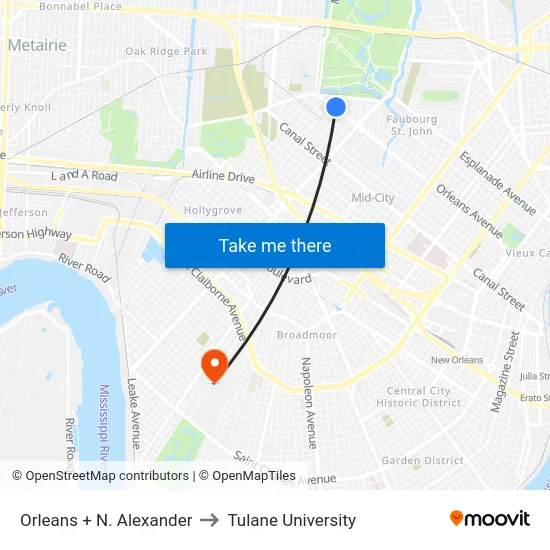 Orleans + N. Alexander to Tulane University map
