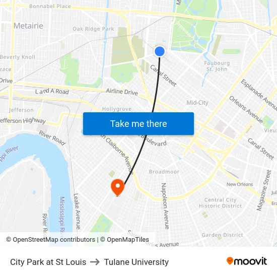 City Park Ave. at St Louis St. to Tulane University map