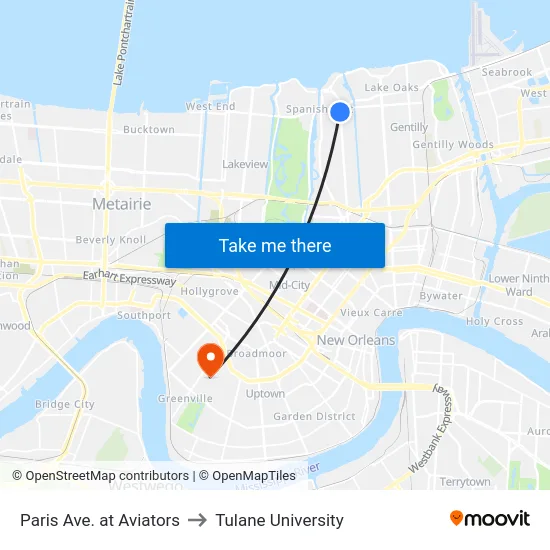 Paris Ave. at Aviators to Tulane University map