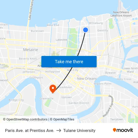 Paris Ave. at Prentiss Ave. to Tulane University map