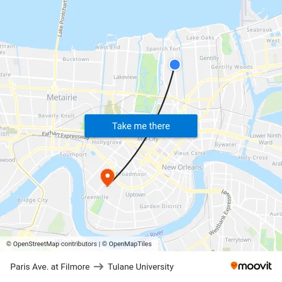 Paris Ave. at Filmore to Tulane University map