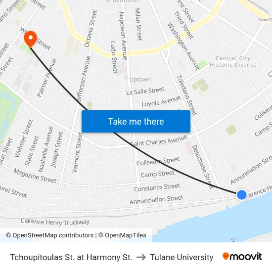 Tchoupitoulas St. at Harmony St. to Tulane University map