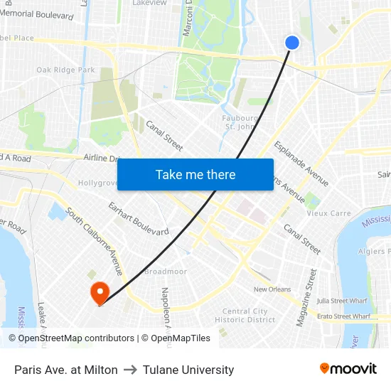 Paris Ave. at Milton to Tulane University map