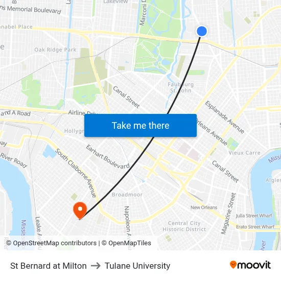 St Bernard at Milton to Tulane University map