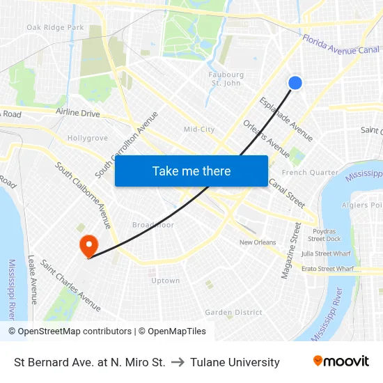 St Bernard Ave. at N. Miro St. to Tulane University map