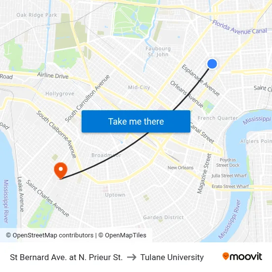 St Bernard Ave. at N. Prieur St. to Tulane University map
