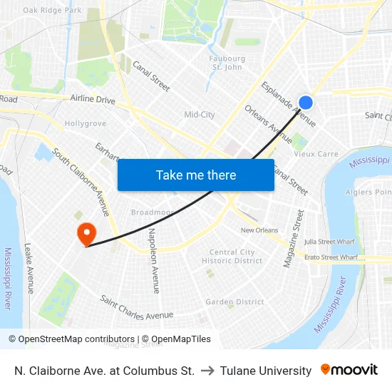 N. Claiborne Ave. at Columbus St. to Tulane University map