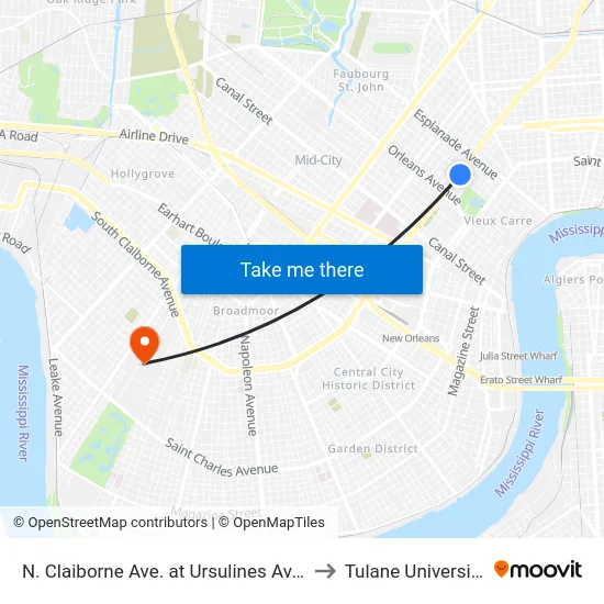 N. Claiborne Ave. at Ursulines Ave. to Tulane University map