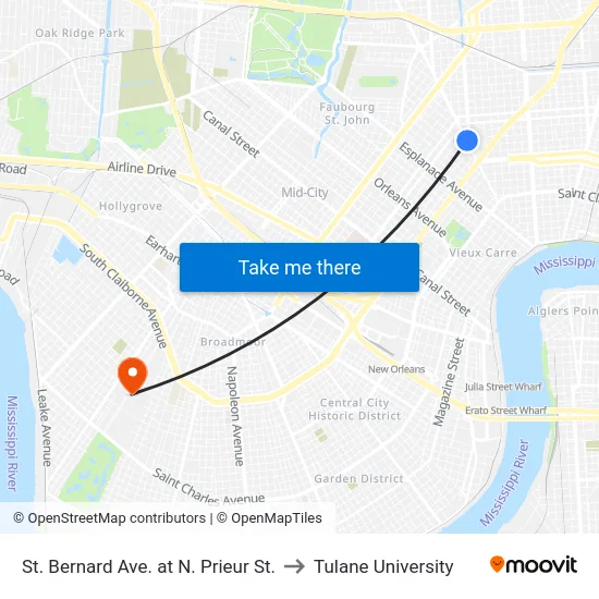 St. Bernard Ave. at N. Prieur St. to Tulane University map