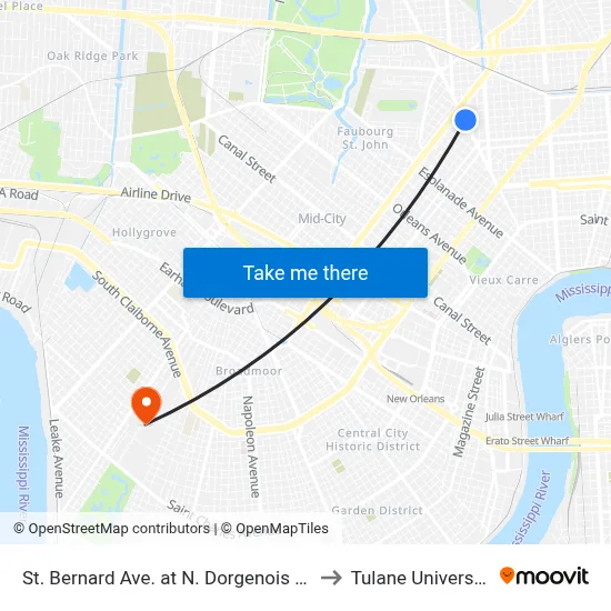 St. Bernard Ave. at N. Dorgenois St. to Tulane University map