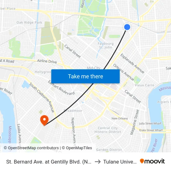 St. Bernard Ave. at Gentilly Blvd. (Nearside) to Tulane University map
