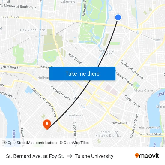 St. Bernard Ave. at Foy St. to Tulane University map